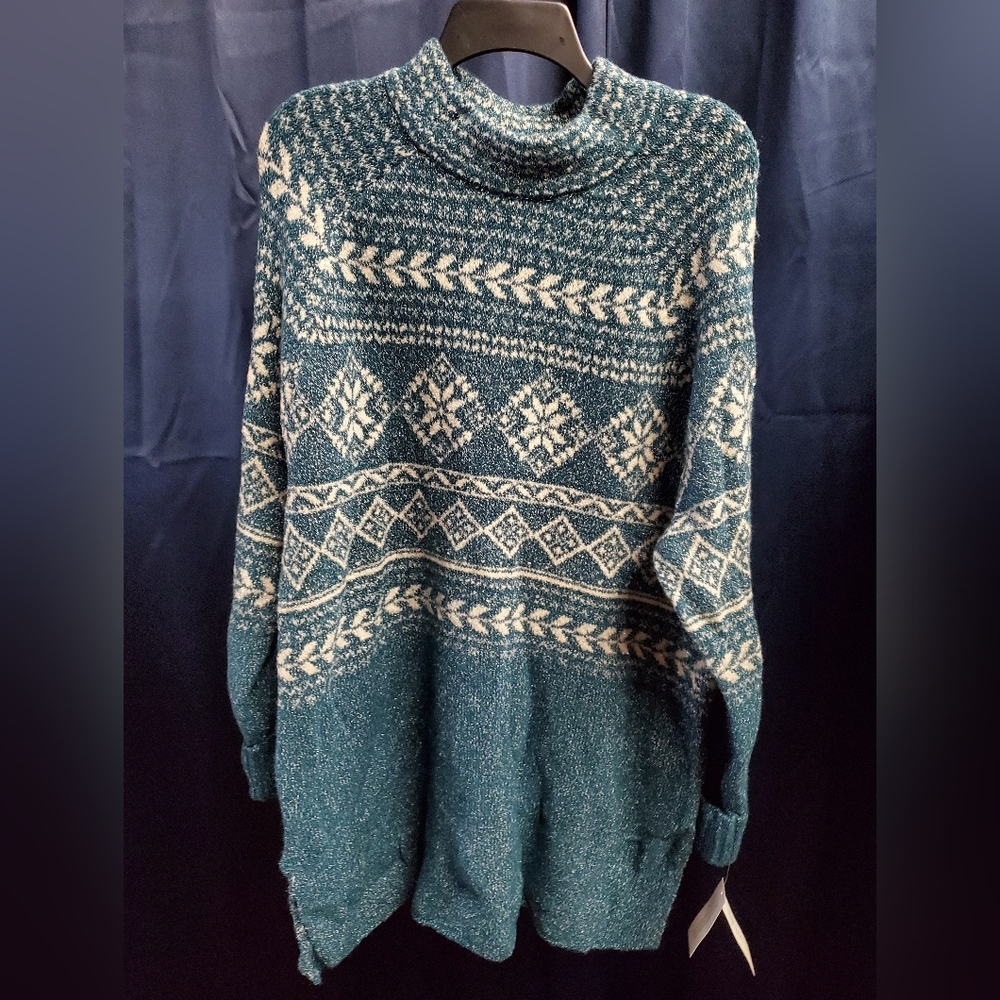 Style & Co. Teal and Cream Patterned Cowl Neck Sweater